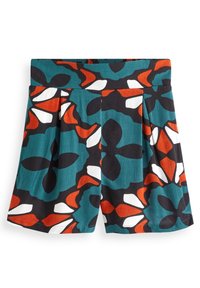 Shorts fleuris en tissu léger, présentant un motif teal, noir, blanc et orange avec des plis et une taille plate.