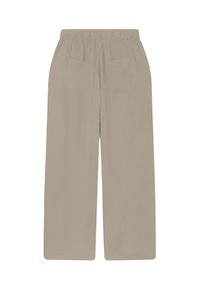 Pantalones de pierna ancha beige con un cinturón elástico, dos bolsillos traseros y una textura suave. Presenta un ajuste relajado y un diseño de pierna recta.