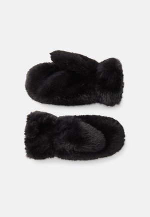 Moufles en fausse fourrure noire avec des bouts arrondis et une texture douce et moelleuse. Elles présentent un design simple et classique sans matériel visible.