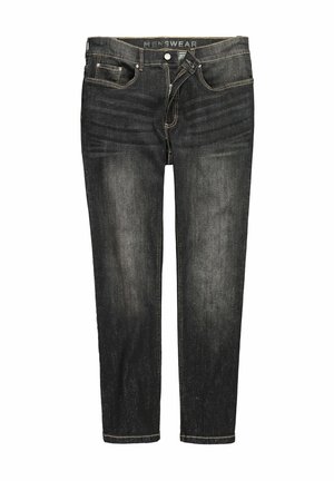 Dark gray men's denim jeans with faded details, five pockets, and a partially unzipped fly.