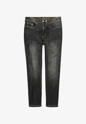 Jean en denim gris foncé pour hommes avec des détails délavés, cinq poches et une braguette partiellement dézippée.