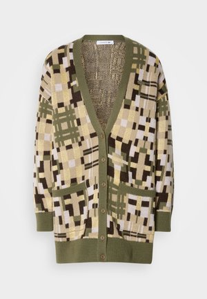 Knitted cardigan in green and neutral tones, featuring a geometric pattern. It has a V-neck, button front, and two front pockets.