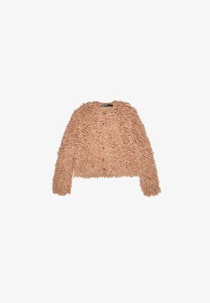 Vezelige beige cardigan met lange mouwen, een ronde halslijn en een knoopsluiting aan de voorkant, featuring een gestructureerd, harig ontwerp.