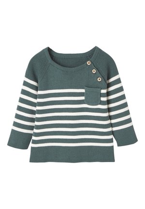 Grün-weiß gestreifter Langarm-Pullover mit rundem Ausschnitt, drei Holzknöpfen an der Schulter und kleinem Fronttaschen.