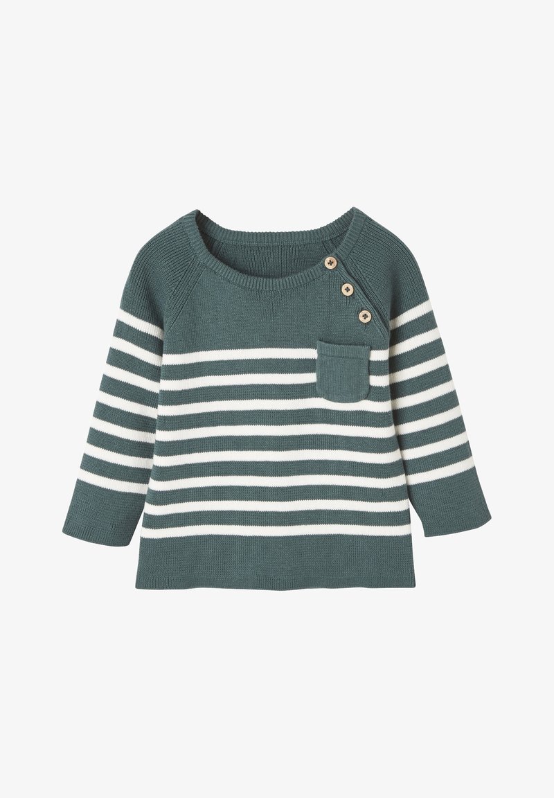 Pull à rayures vertes et blanches à manches longues avec col rond, trois boutons en bois sur l'épaule et petite poche avant.
