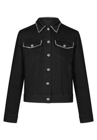 Black denim jacket with silver studs along the collar and pockets, featuring a button-up front and long sleeves.