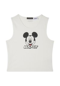 Top a facchini bianco senza maniche con il viso sorridente di Topolino e la parola "MICKEY" stampata in lettere maiuscole sotto il grafico.