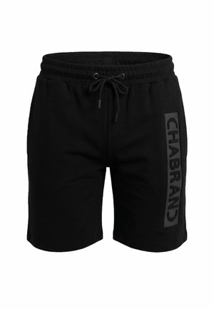 Pantalones cortos negros con cordón y cintura elástica, con la palabra "CHABRAND" impresa verticalmente en la pierna derecha.