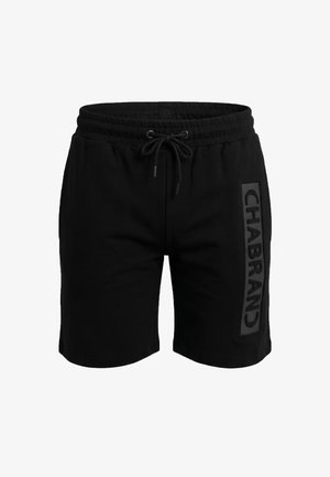 Pantalones cortos negros con cordón y cintura elástica, con la palabra "CHABRAND" impresa verticalmente en la pierna derecha.