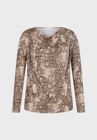 Maglia a maniche lunghe con stampa serpente marrone e beige, con scollatura drappeggiata e texture di tessuto liscia, progettata per un fit rilassato.