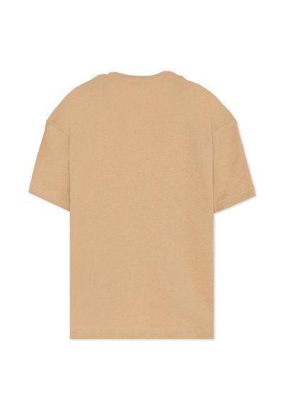 T-shirt a maniche corte in morbido cotone beige. Presenta un collo rotondo e una vestibilità rilassata. Tessuto liscio con dettagli minimi.