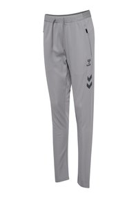 Graue Sporthose mit glatter Textur, ausgestattet mit einem Kordelzugbund, seitlichen Taschen und einem schwarzen Chevron-Muster am linken Bein.
