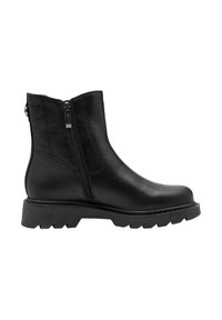 Bottine noire en cuir avec fermeture éclair latérale, bout rond et semelle épaisse et robuste adaptée à un usage extérieur.