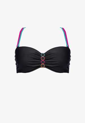 Czarny biustonosz kąpielowy z marszczonym materiałem, z trzema okrągłymi akcentami w kolorach różowym, turkusowym i pomarańczowym na środku oraz kontrastowymi ramiączkami.