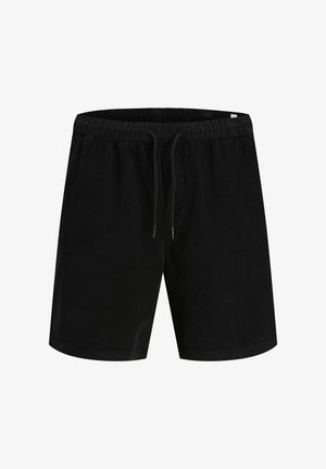 Černé kordové kraťasy s elastickým pasem a tkaničkou. Mají vertikální žebrovanou texturu a prošité lemy.