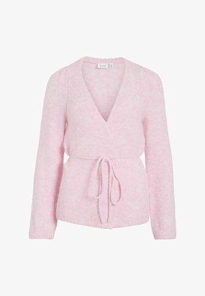Světlounce růžový svetr s překrytým designem, dlouhými rukávy a páskem na zavazování. Vyrobený z měkké, strukturované tkaniny, s hlubokým výstřihem do V.