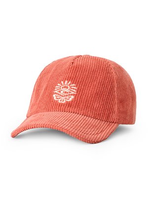 Casquette de baseball en velours côtelé avec un motif brodé blanc représentant un soleil, un nuage et une fleur sur le panneau avant.