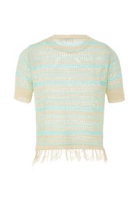 Korte mouwen gebreide sweater in beige en lichtblauw met een gestreept patroon. Voorzien van een franjeszoom en een open geweven textuur.
