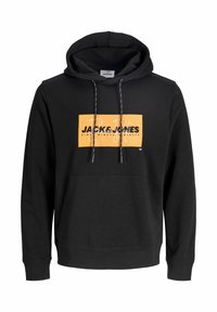 Sweat à capuche noir avec poche avant, cordons de serrage et logo rectangulaire orange portant l'inscription "Jack & Jones Since Nineteen Ninety".