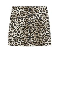 Falda de mezclilla con estampado de leopardo, dos bolsillos frontales y cierre de seis botones. Esquema de colores: beige, negro y marrón. Textura suave.