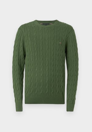 Green knitted sweater featuring a cable knit pattern, round neckline, and ribbed cuffs and hem. Small logo on the chest.