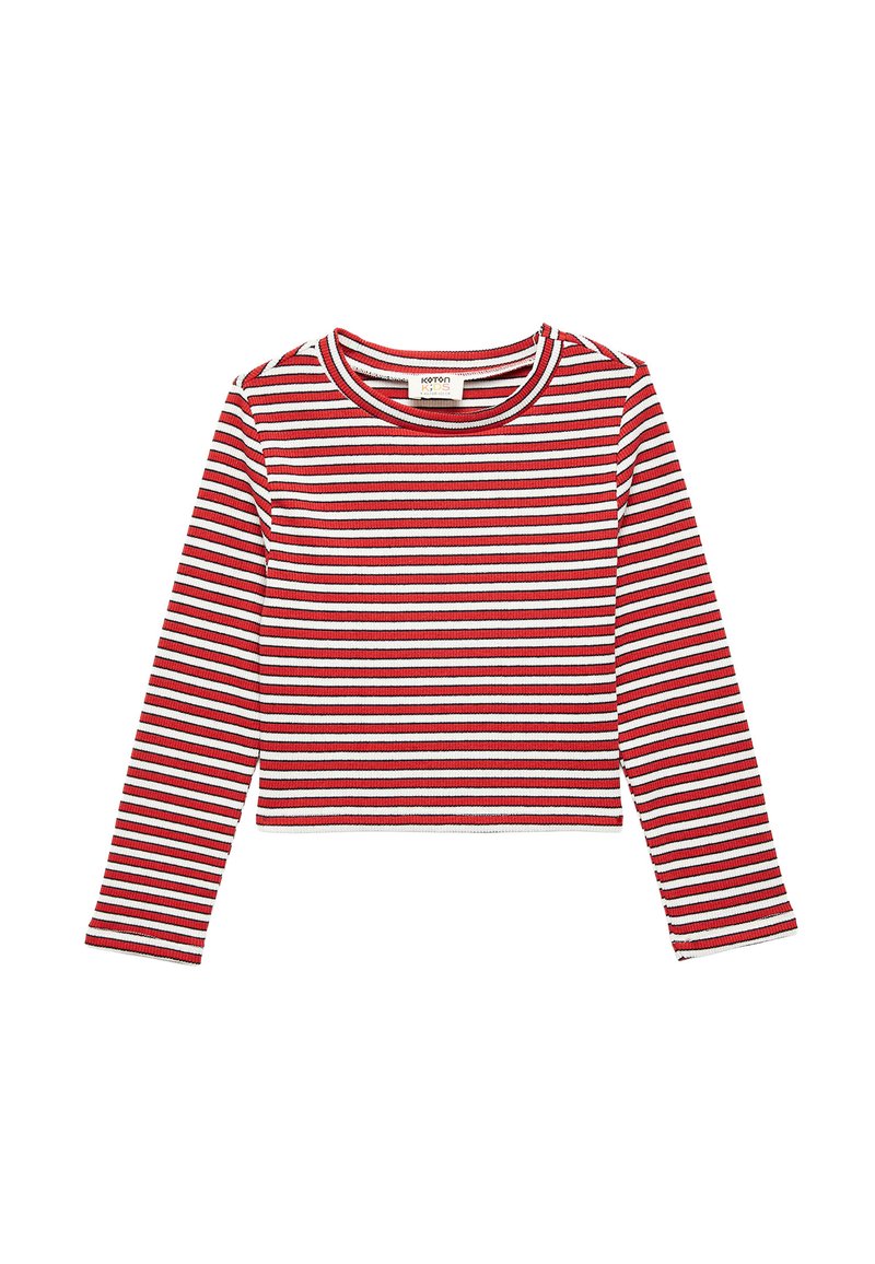 Rød og hvid stribet langærmet crop top lavet af ribbet materiale med rund halsudskæring og tætsiddende design.