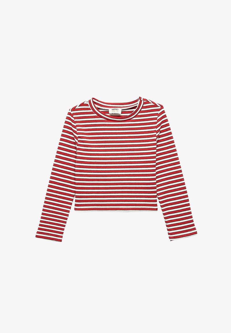 Red and white striped long-sleeve crop top made of ribbed material with a round neckline and fitted design.