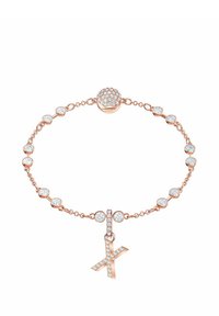 Armreif aus Roségold mit kreisförmigen Steinen und einem Kreuzanhänger, ausgestattet mit einem funkelnden Kugelverschluss und einem Gliederketten-Design.