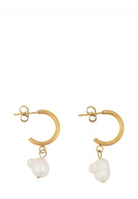 Gold hoop earrings featuring irregular white pearl drops, with a smooth metallic texture and a minimalist design.
