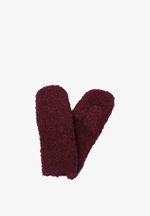 Ein Paar dunkelrote, flauschige Fäustlinge aus einem strukturierten, wollähnlichen Stoff, die nebeneinander auf einem weißen Hintergrund liegen.