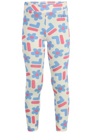 Leggings con base crema caratterizzati da un motivo floreale, con fiori blu e forme geometriche rosa, realizzati in un tessuto morbido ed elastico.