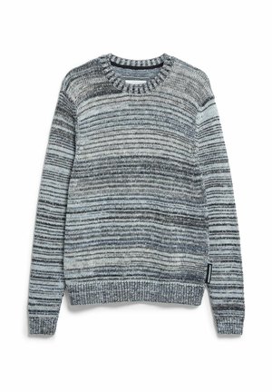 Gebreide trui in blauw, grijs en wit gestreept. Voorzien van een ronde hals, lange mouwen en geribde boorden aan mouwen en zoom. Getextureerde stof.