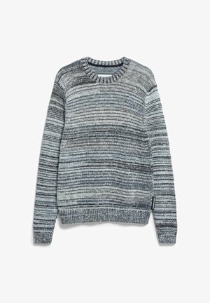 Gebreide trui in blauw, grijs en wit gestreept. Voorzien van een ronde hals, lange mouwen en geribde boorden aan mouwen en zoom. Getextureerde stof.