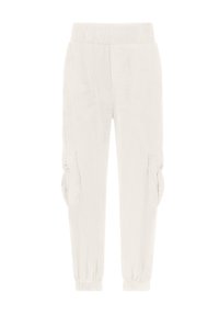 Witte cargobroek van lichtgewicht stof met een elastische tailleband, verzamelde manchetten en zijzakken met flapdetails.