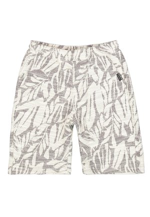 Pantalones cortos de color claro con un patrón texturizado y abstracto de hojas en gris. Cintura elástica. Diseño informal adecuado para clima cálido.