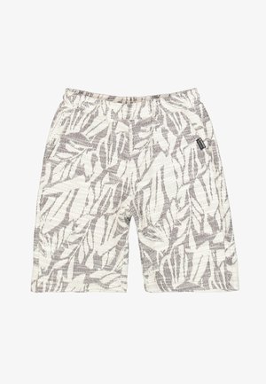 Pantalones cortos de color claro con un patrón texturizado y abstracto de hojas en gris. Cintura elástica. Diseño informal adecuado para clima cálido.