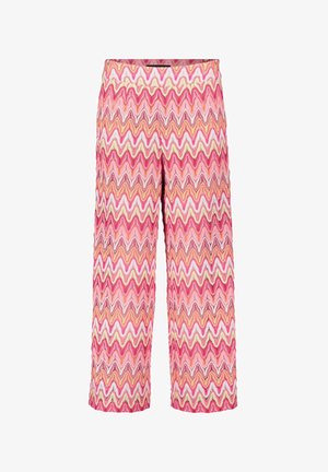 Gestreepte wijde broek met een zigzagpatroon in roze, oranje en crème. Gemaakt van een gestructureerde stof met een elastische tailleband.