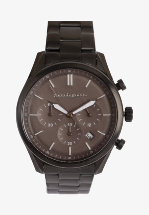 Montre en acier inoxydable noir avec un cadran rond marron, trois sous-cadrans, index argentés et affichage de la date. Présente un bracelet à maillons.