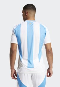 Vit fotbollsjersey med blå vertikala ränder, rundad hals och kort ärm. Inkluderar en solsymbol på baksidan nära halsen.