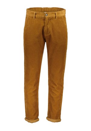 Pantalon en velours côtelé marron pour homme avec fermeture par bouton et zip, passants de ceinture et revers roulés sur fond blanc.