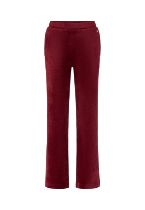 Bordeaux, pluizige stof broek met een rechte pijpontwerp. Voorzien van een elastische tailleband en zijzakken voor functionaliteit.