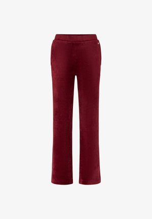 Burgundské sametové kalhoty s rovnými nohavicemi. mají elastický pas a boční kapsy pro praktičnost.