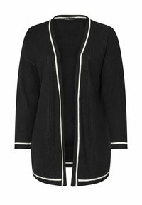 Svart stickad cardigan med öppen front, långa ärmar, vit kant längs kanterna och textilstruktur. Inga knappar eller stängningar.