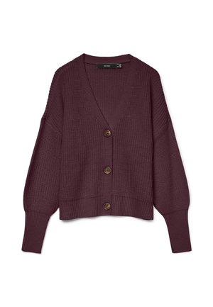 Burgunderfarget strikket cardigan med V-hals, lange ermer, fem store brune knapper og ribbet nederkant. Vaffelstruktur over hele stoffet.