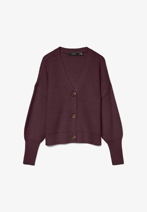 Bordeaux strikket cardigan med V-udskæring, lange ærmer, fem store brune knapper og ribbekant. Vaffelstruktur i hele stoffet.