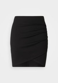 Black mini skirt made of stretch fabric, featuring a ruched design and a wrap silhouette, with a smooth texture and fitted waist.