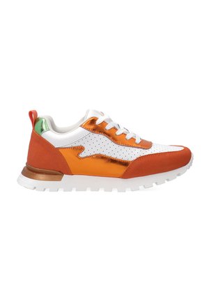 Sneakers featuring a mix of orange suede and shiny metallic accents, with white perforated panels, a white sole, and a green heel tab.