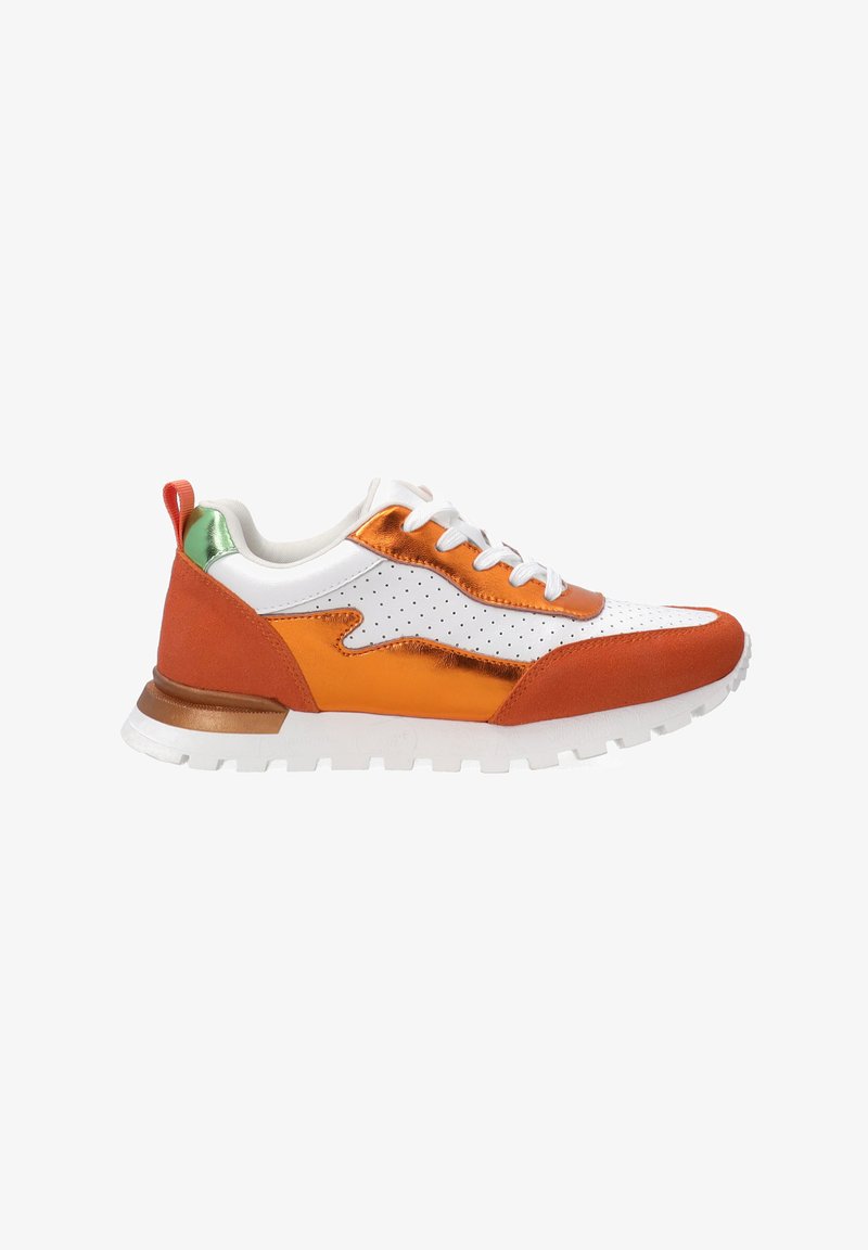Sneakers featuring a mix of orange suede and shiny metallic accents, with white perforated panels, a white sole, and a green heel tab.