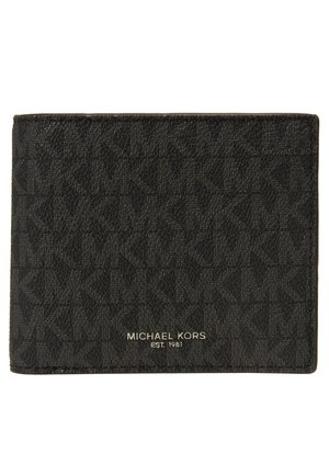 Portefeuille noir Michael Kors avec un motif texturé, logo en relief et design rectangulaire slim. Fini lisse avec des détails de couture.