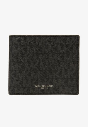 Melns Michael Kors maciņš ar teksturētu rakstu, izsistām logotipām un šauru taisnstūra dizainu. Gluda apdare ar šuvju detaļām.